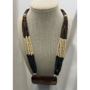 Avenue Beaded Necklace Multi-Strand Brown Cream Stripes Faux Wood Pendant Tribal